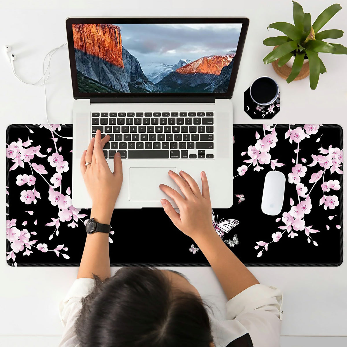 Japanese Sakura Cherry Blossom Pink Black Mouse Pad Large with Coaster, 35.4"x15.7" Full Desk