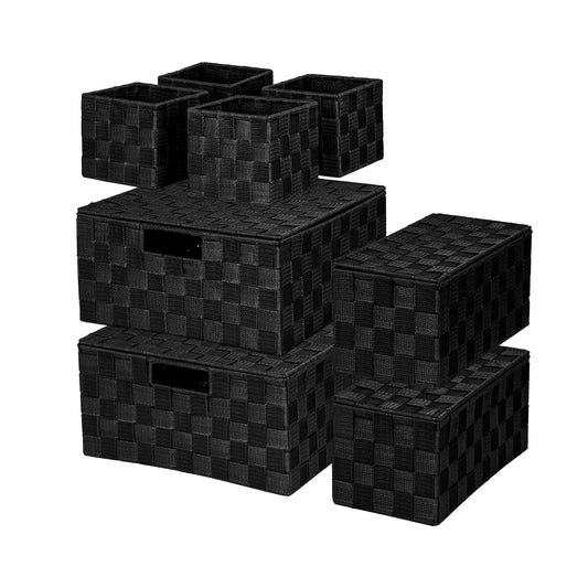 ArcaGuru Woven Polypropylene Basket Set of 8, Black Storage Basket, Woven Strap Baskets, Woven