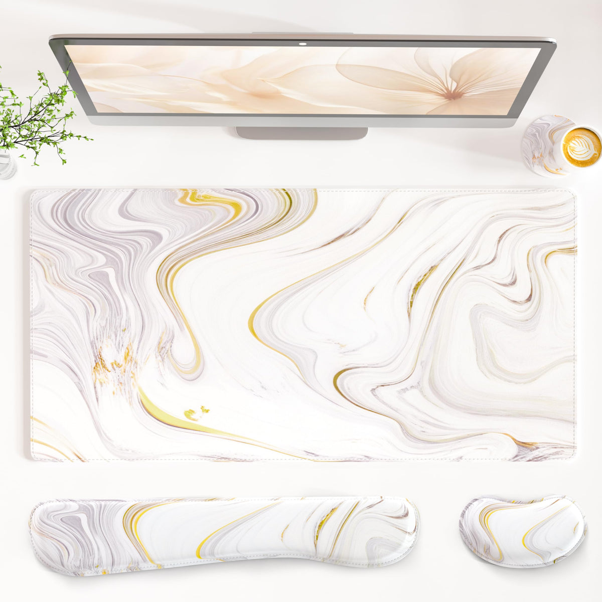 QiyI PU Leather Desk Mat Set, 4-in-1 Ergonomic Wrist Rest, White Marble