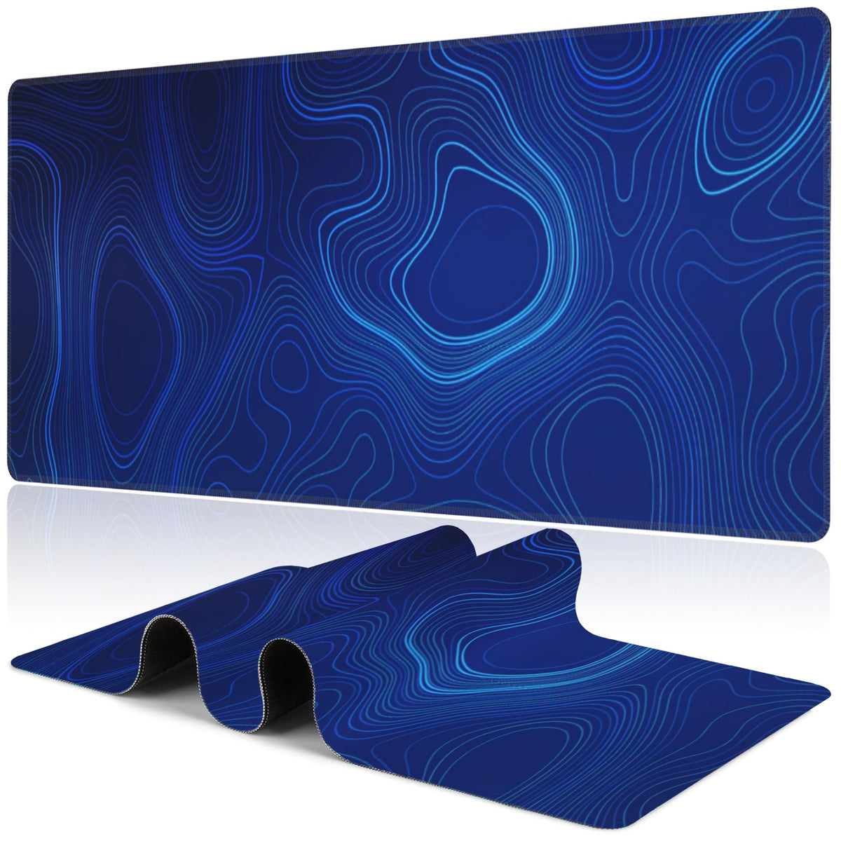 Abstract Topography Design Desk Mat,Large Dark Blue Topographic Line Art Gaming Keyboard Mouse