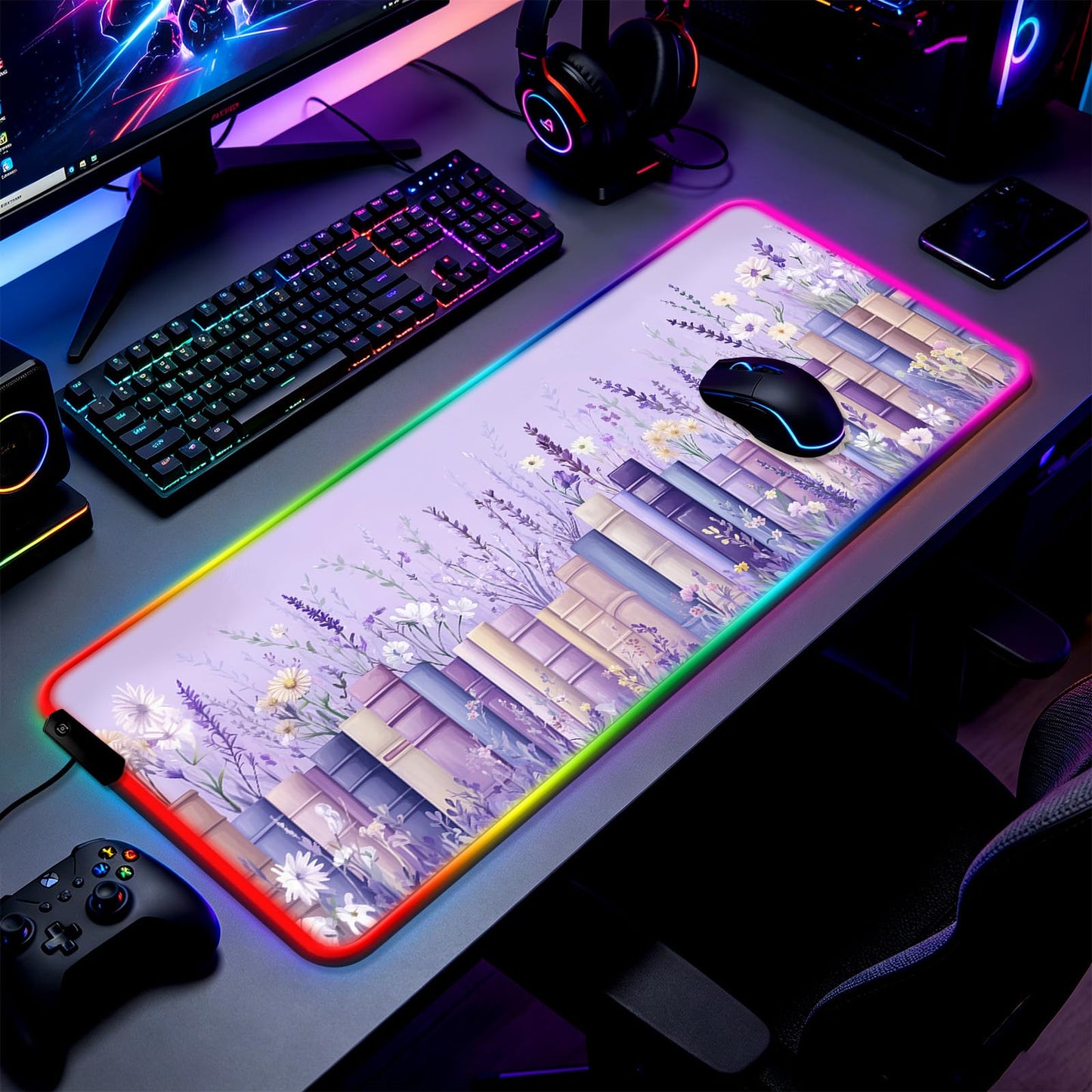 JIANG100 RGB Books Among Wildflowers Gaming Desk Mat & XL Mouse Pad, Purple