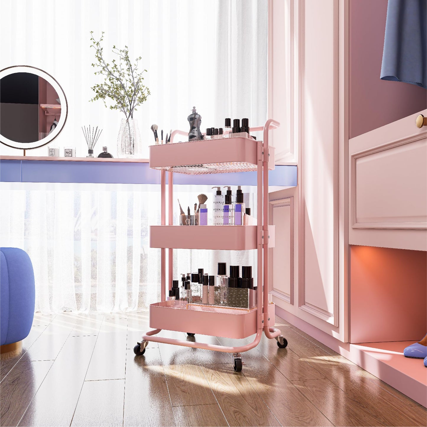 Mzzelry Metal Rolling Storage Cart, 3-Tier Utility Cart with Wheels, Multifunctional Organizer