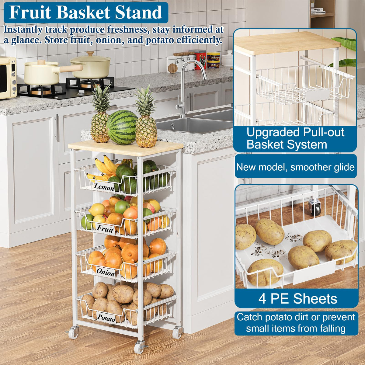 OKZEST 5-Tier Kitchen Storage Cart with 4 Upgraded Drawer Basket & Wood Top