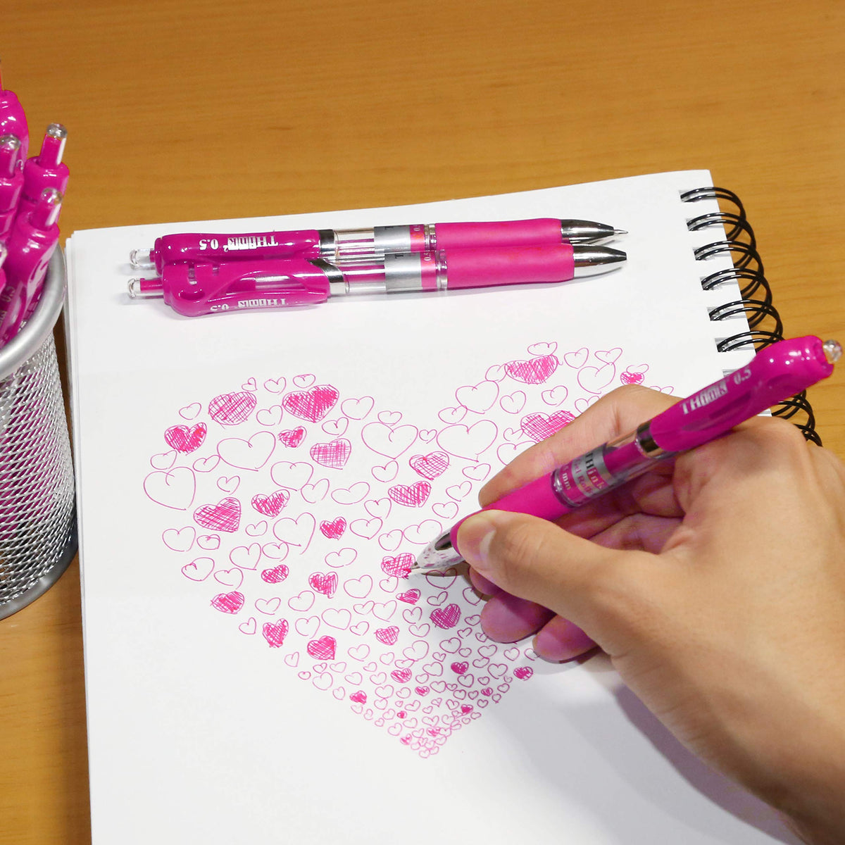 [24 Pens - Pink Ink] Think2 Retractable Gel Pens. (24 Pink) Fine Point (0.5mm) Rollerball Pens with