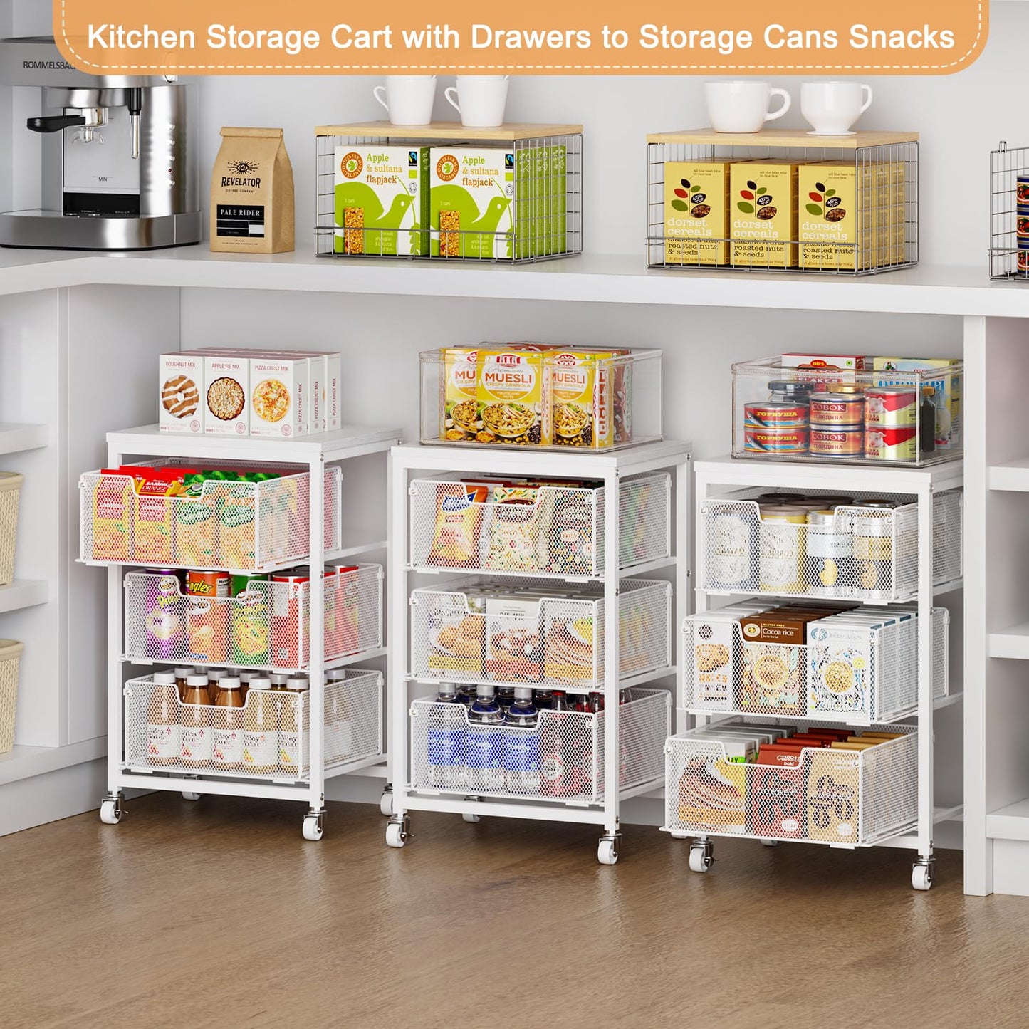 Kitchen Cart with Storage, 3-Tier Pantry Organizer and Storage Cart with Drawer, Fruit Vegetable