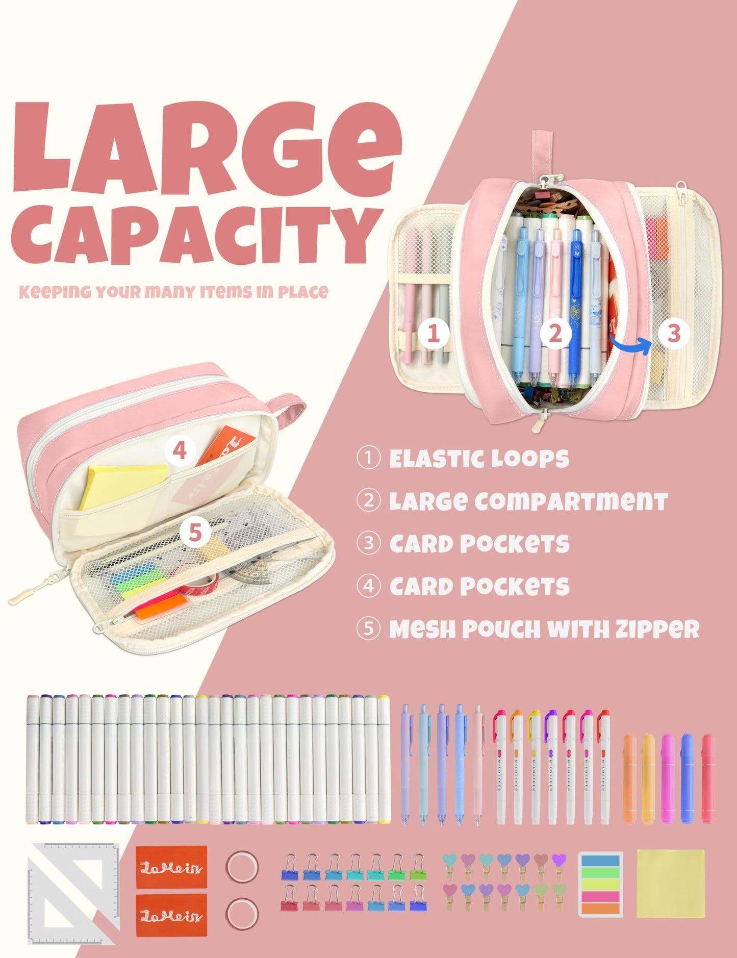 SUNEE Large Pencil Case, Big Capacity Pen Pouch with 3 Compartments, Kawaii Cute Pencil Bag with