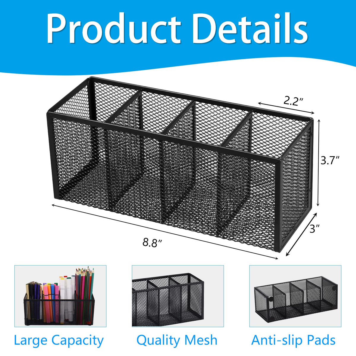 Flytreal 2PCS Black Mesh Pen Pencil Holder, Metal Desk Organizer Desktop Stationery Office Supplies