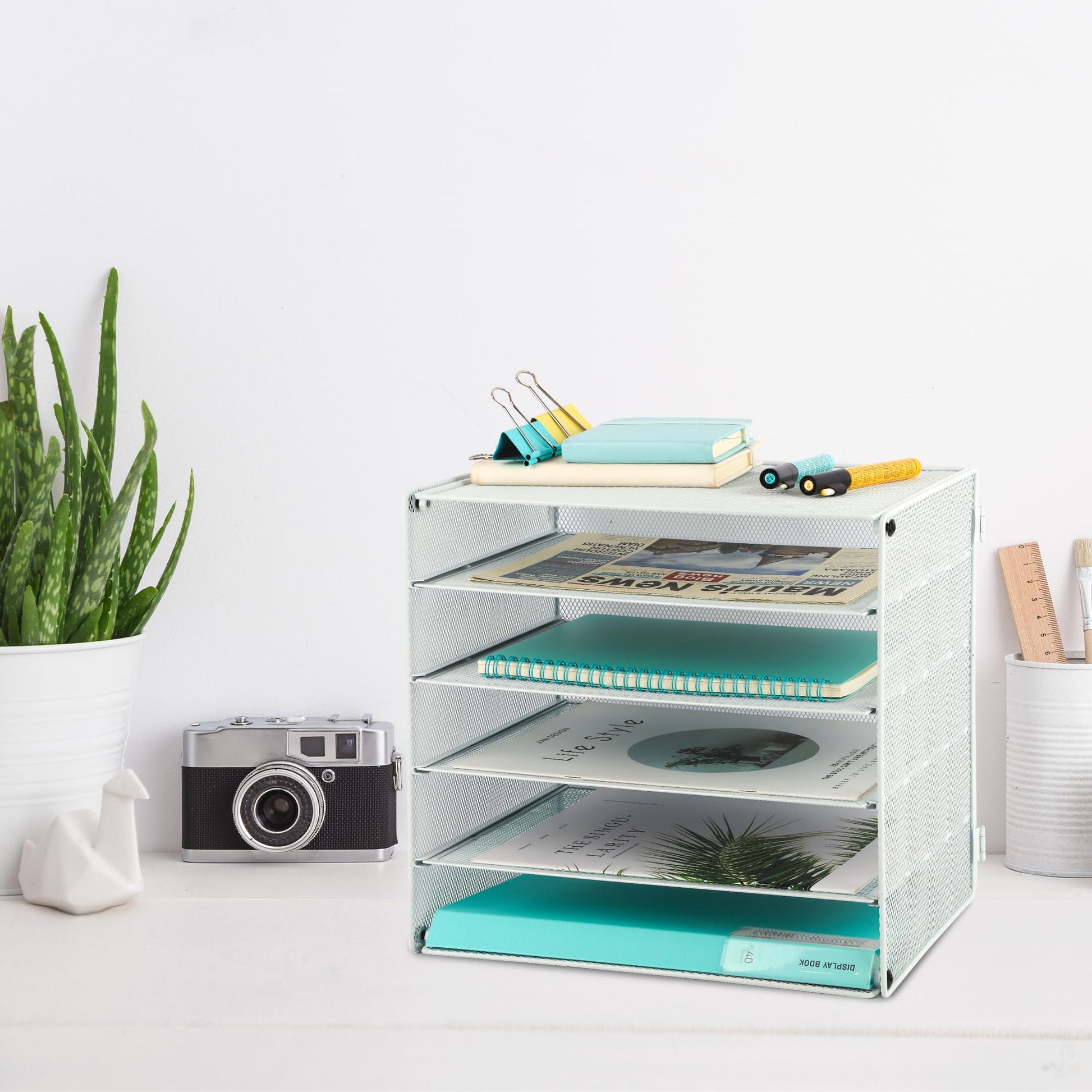 EASEPRES 5 Slot Mesh Desk Organizer Tray, File Paper Letter Folder Holder Desktop Paper Sorter Mail