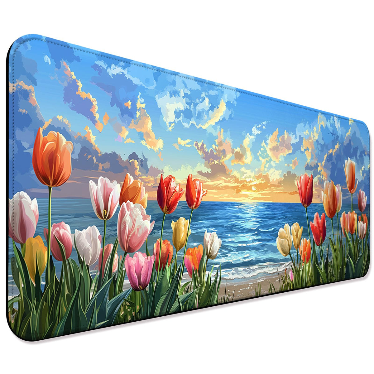 JIANG100 Tulips with Ocean Waves Gaming Desk Mat, Extended Mouse Pad, XL