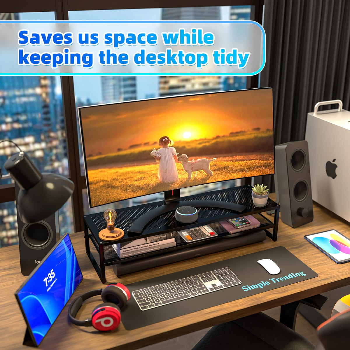 Simple Trending 2-Tier Dual Monitor Stand with Mouse Pad, Metal, Black