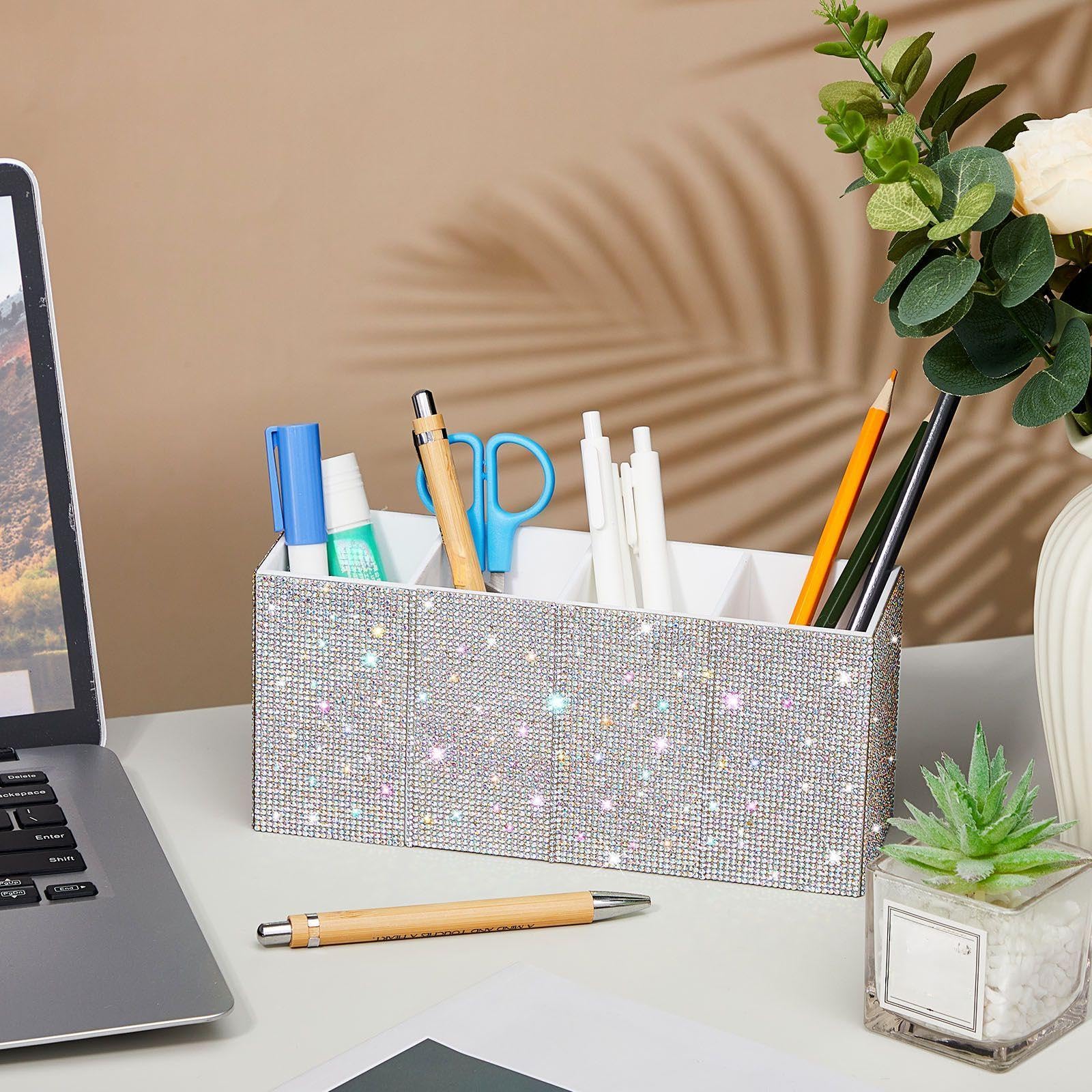 Resholder Rhinestone Desk Organizer, White Pen Makeup Brush Holder