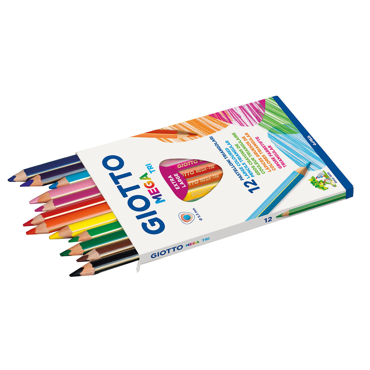 GIOTTO Mega-Tri Chunky Colouring Pencils, 12 Assorted Colours, Ideal for Children, Parties and