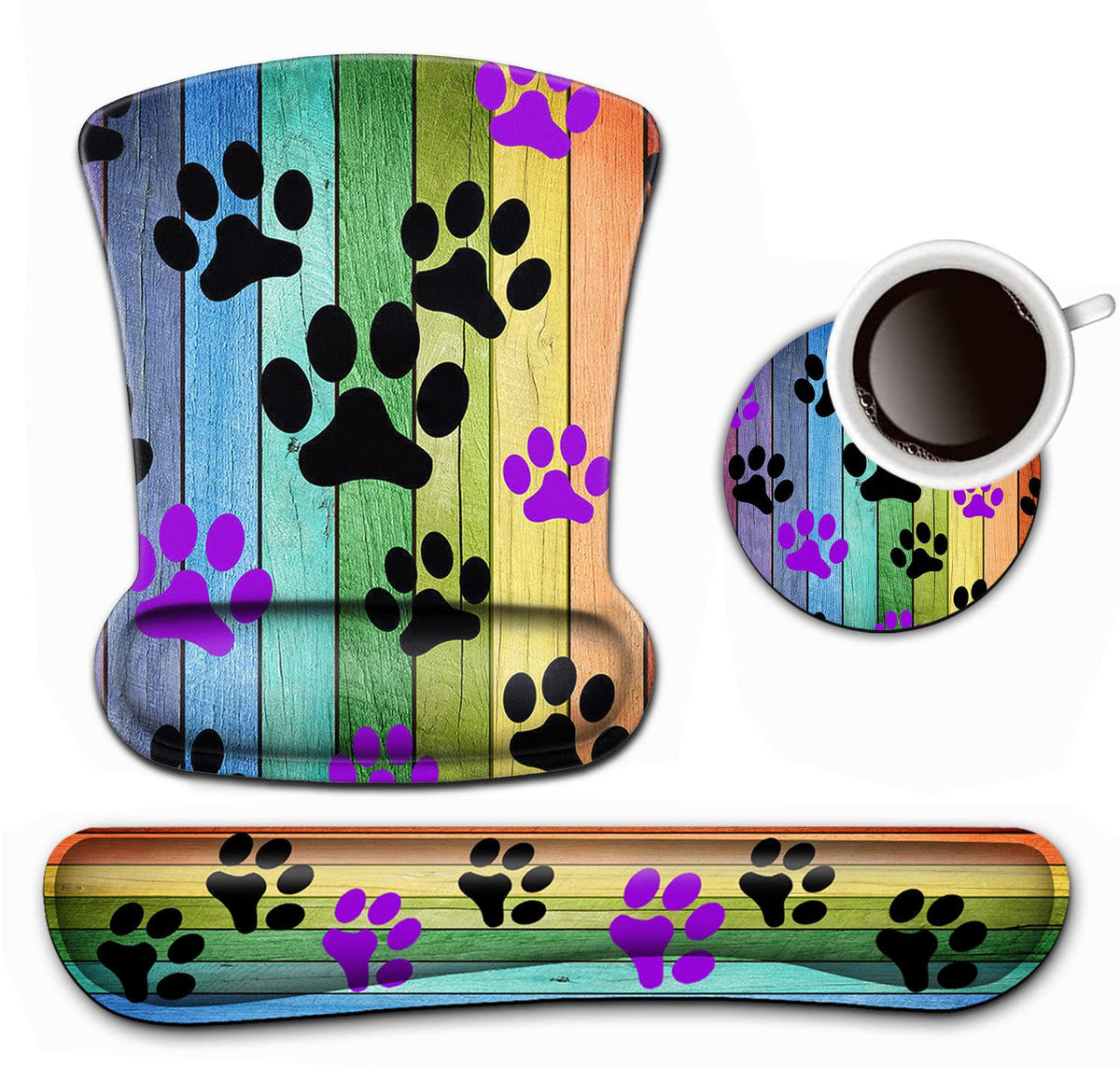Keyboard Wrist Rest and Mouse Pad Wrist Support Set,Rustic Rainbow Woodgrain Black and Purple Dog