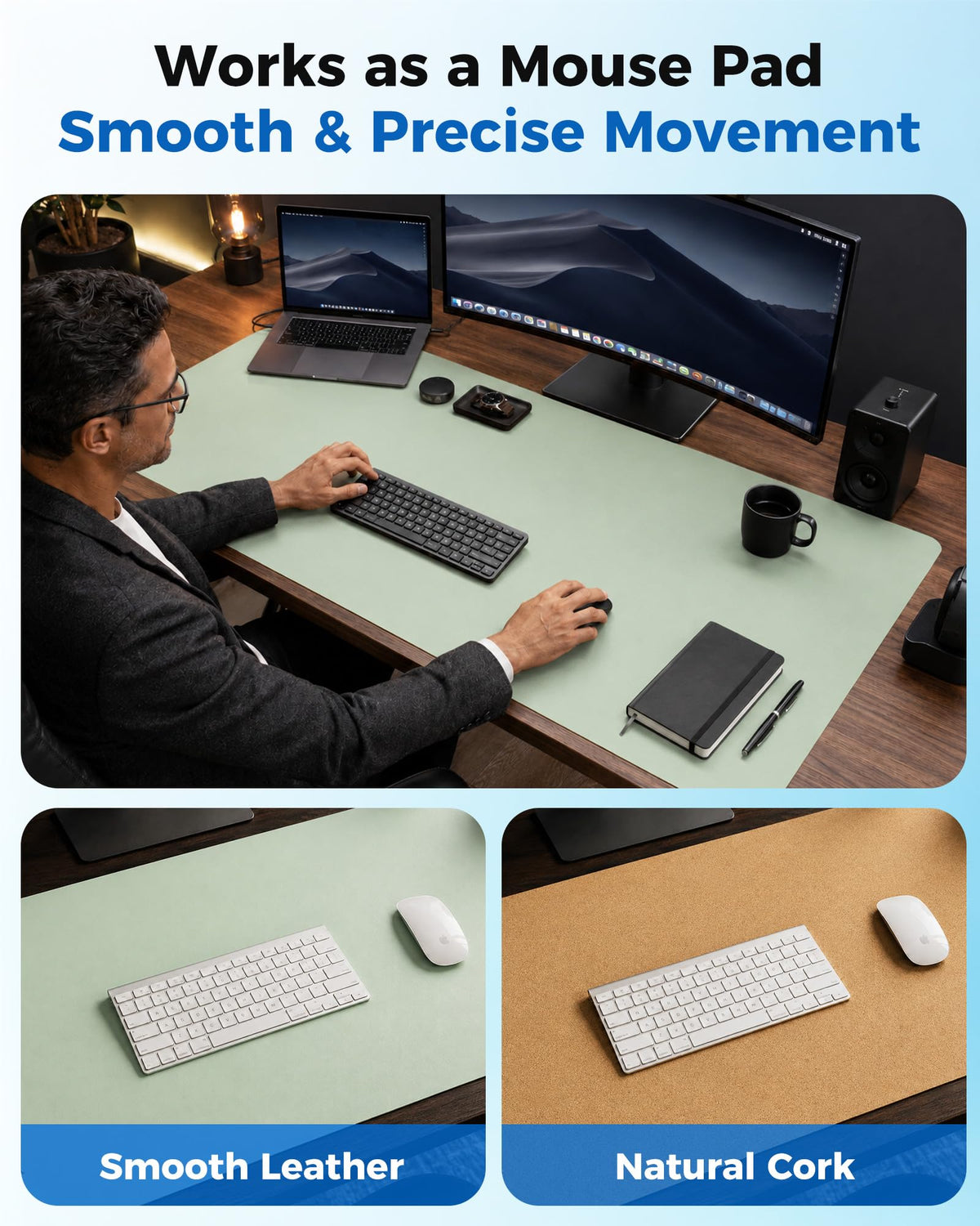 Aothia Double-Sided Desk Pad – 37.8"x17" Leather Desk Mat with Eco Cork Protector, Large Mouse Pad