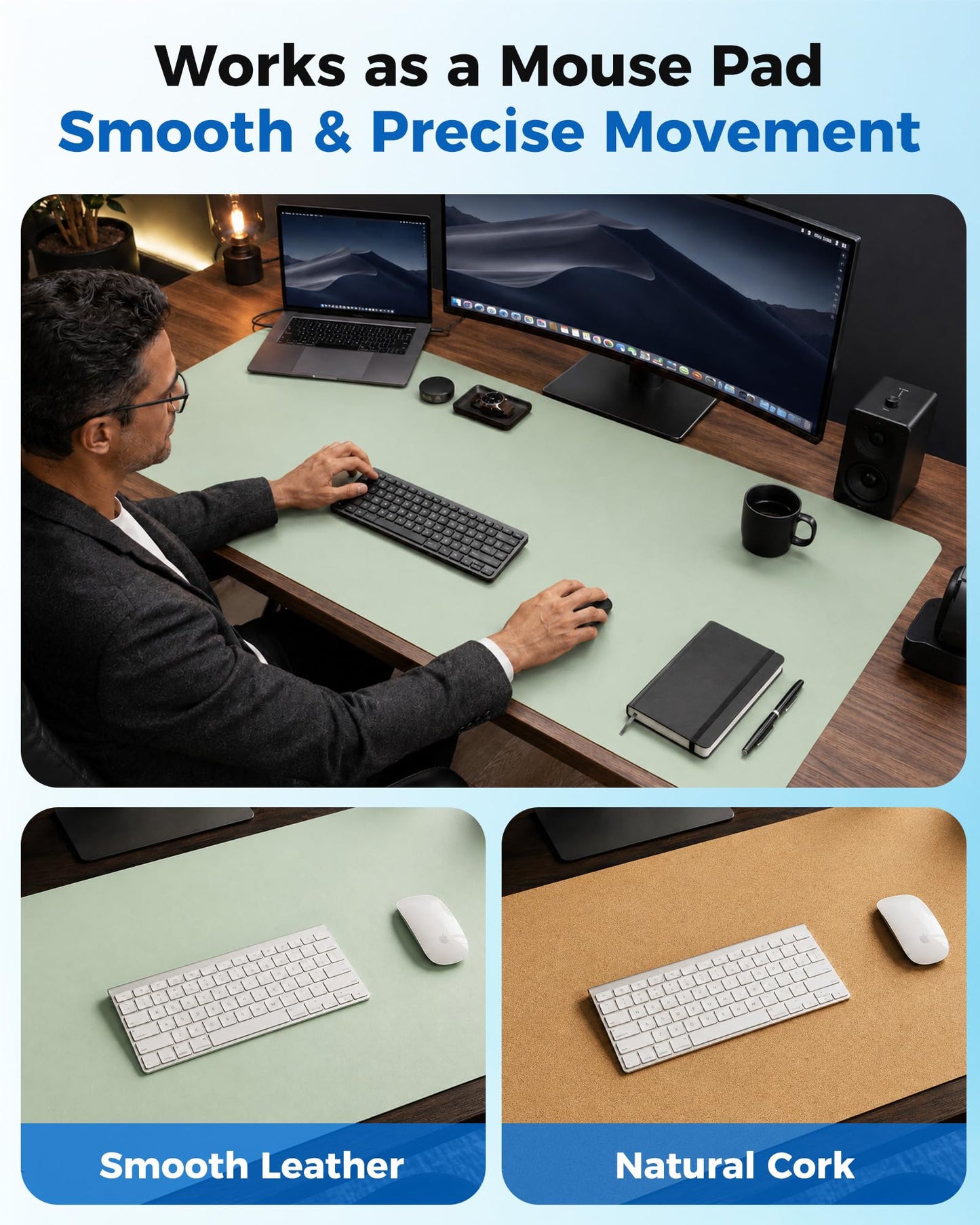 Aothia Double-Sided Desk Pad - 35.4" x 15.7" Leather Desk Mat with Eco Cork Protector, Large Mouse