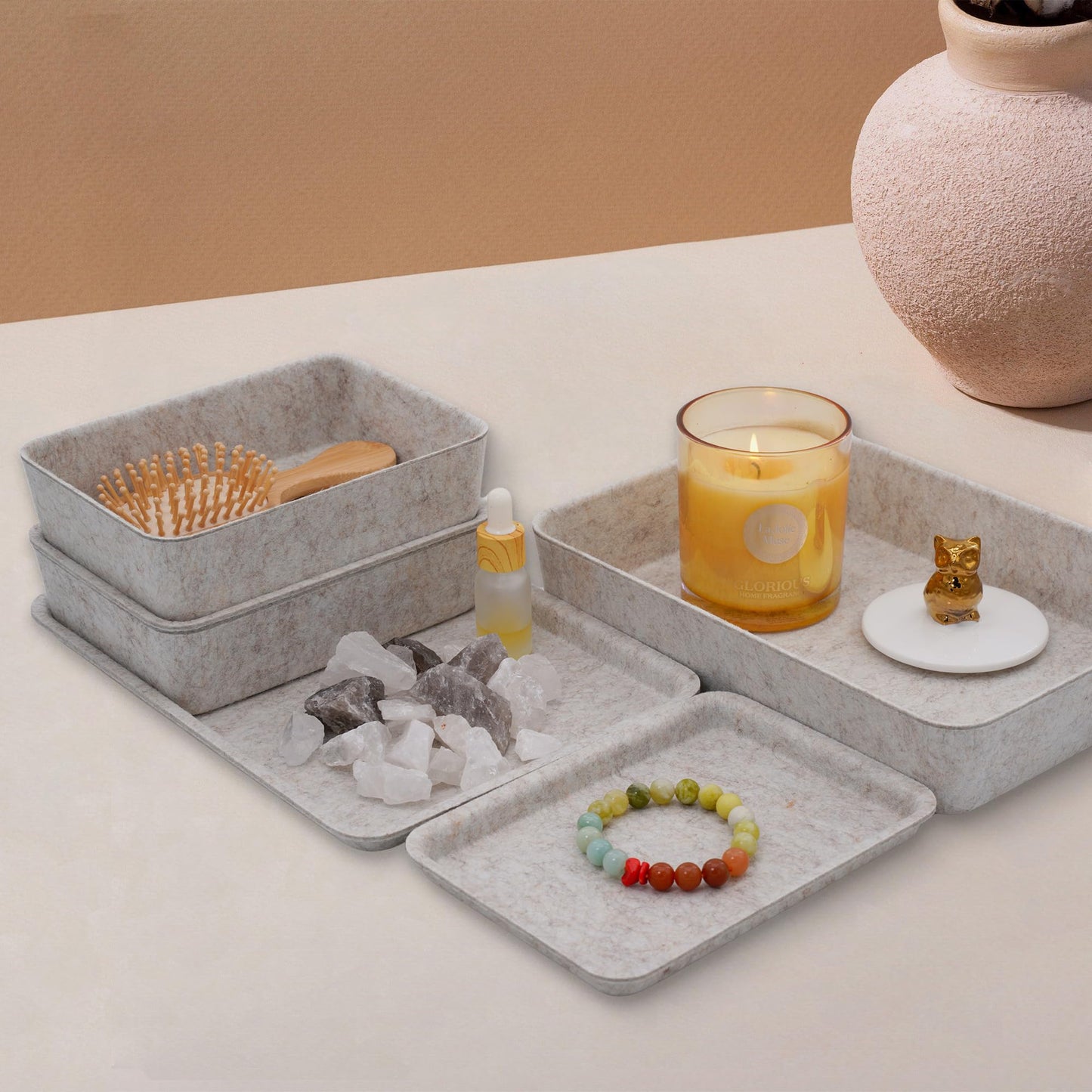 Welaxy Oatmeal Lidded Felt Drawer Organizers 3pc Office Makeup Storage Box