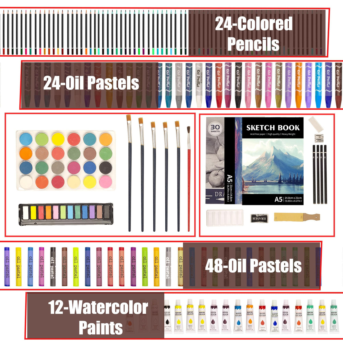 KINSPORY 168 Pack Wooden Art Set, Deluxe Painting Drawing Kit, 3 Coloring Books, Oil Pastels