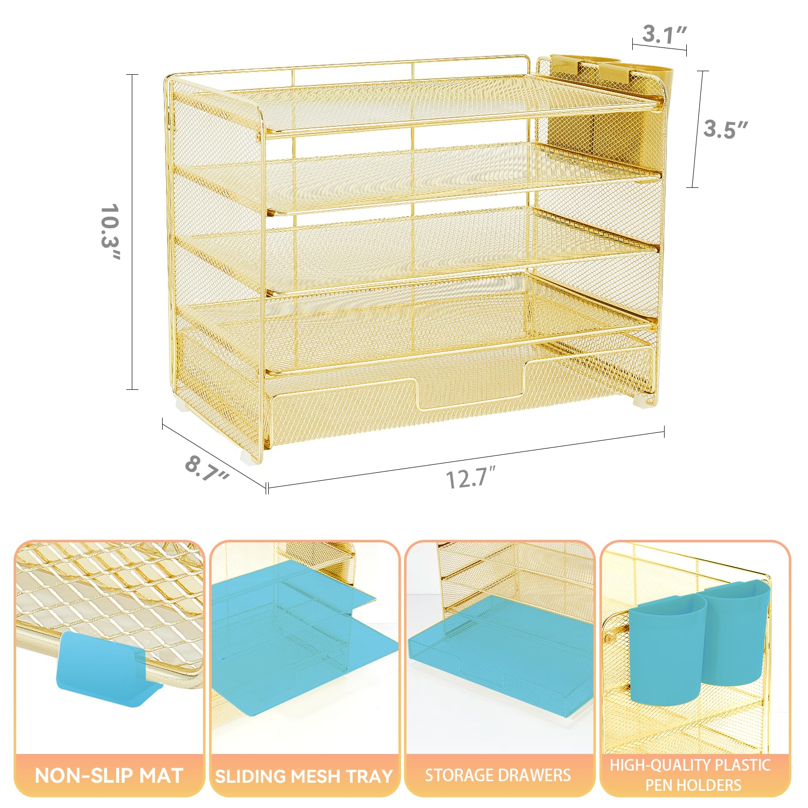 LEKETREE Desk Organizers and Accessories, 5-Tier Paper Letter Tray Organizer with Drawer & 2 Pen