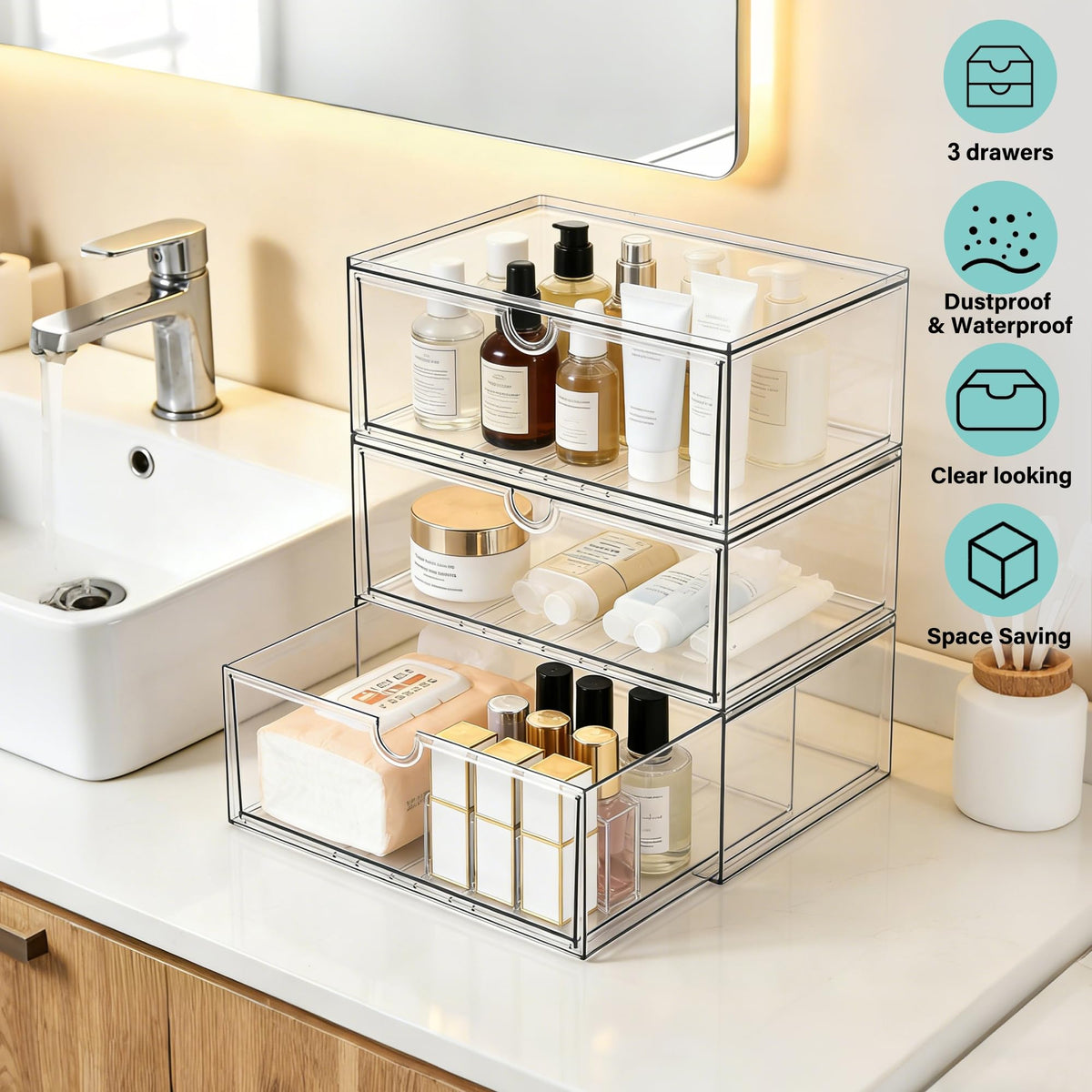 Prsildan Acrylic Makeup Organizer, 3 Pack Stackable Clear Storage Drawers for Baby Bottles Desk