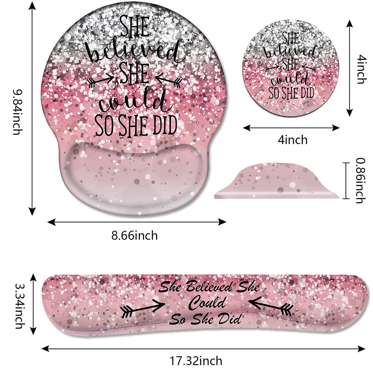 Keyboard Wrist Rest and Mouse Pad Wrist Support Set with Coasters, She Believed She Could So She