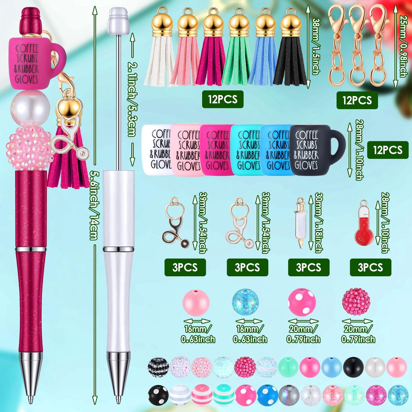 Jutom 12 Pcs Nurse Beadable Pens Bulk with 50 Pcs Colorful Beads DIY Making Kit 12 Tassels Pendants