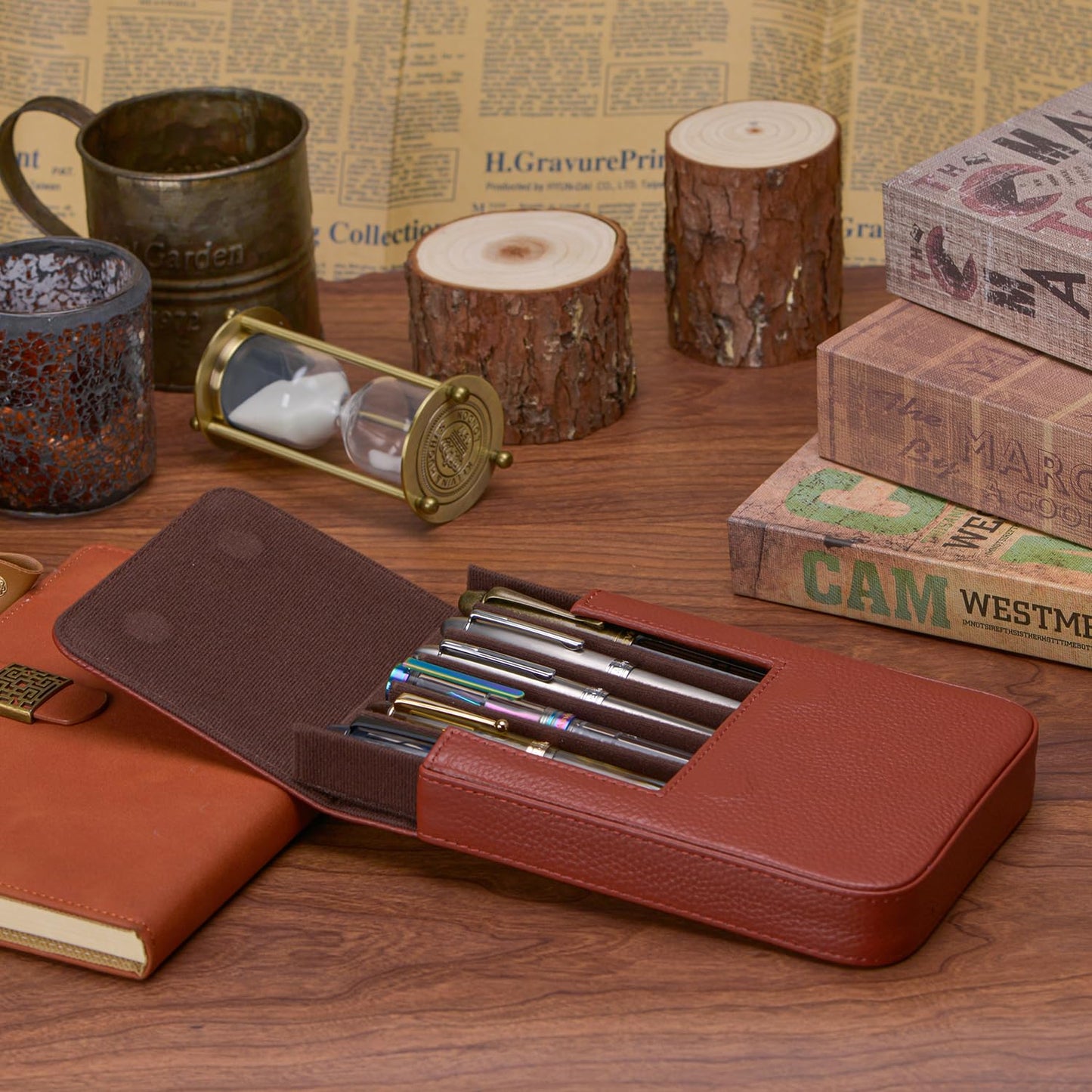 Lanxivi Genuine Leather Fountain Pen Case 6 Slot Coffee Leather Organizer, Portable Pen Bag Pouch