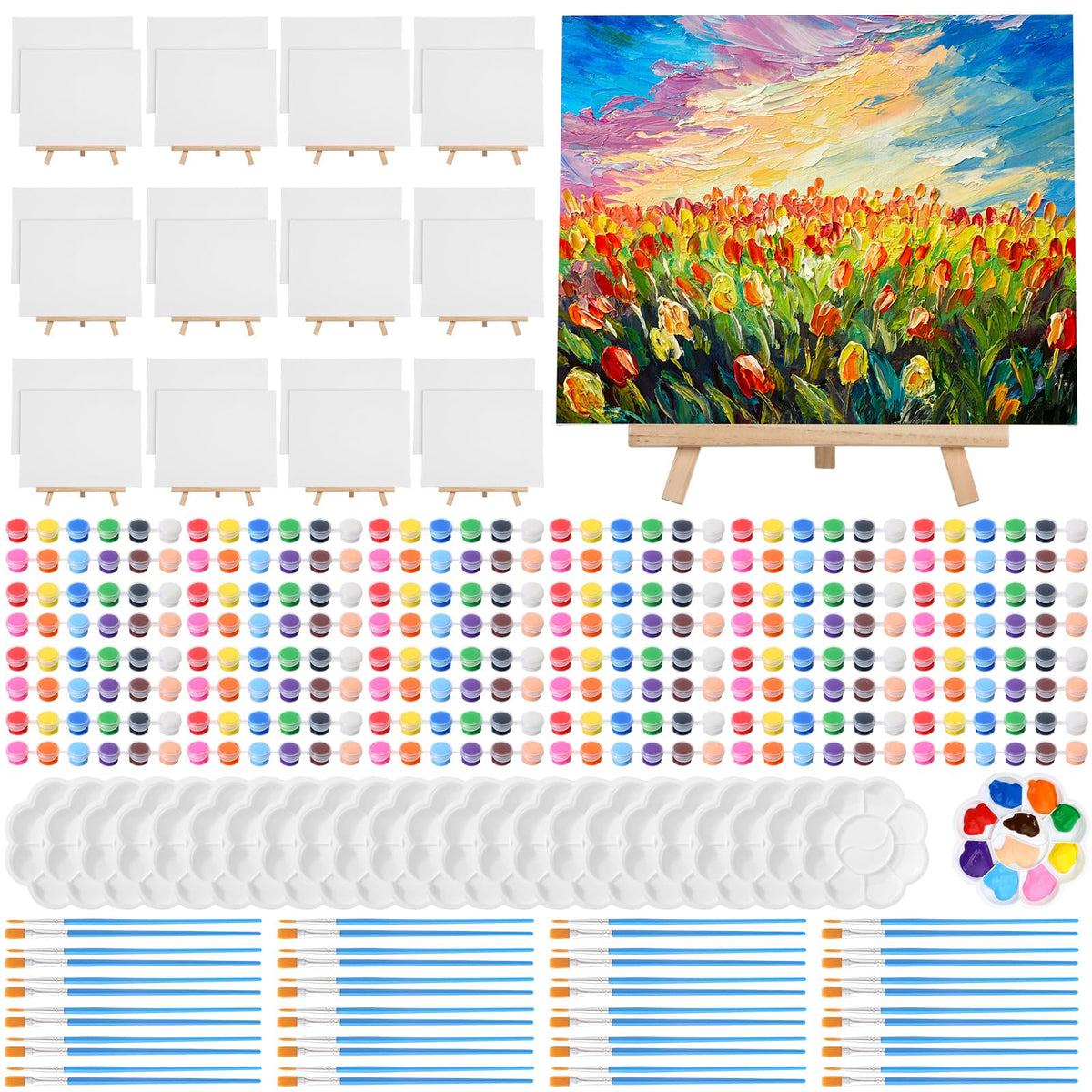Qilery 24 Set 8 x 10 Inch Canvas Boards and Easel for Painting, Acrylic Paint Strips, Brushes