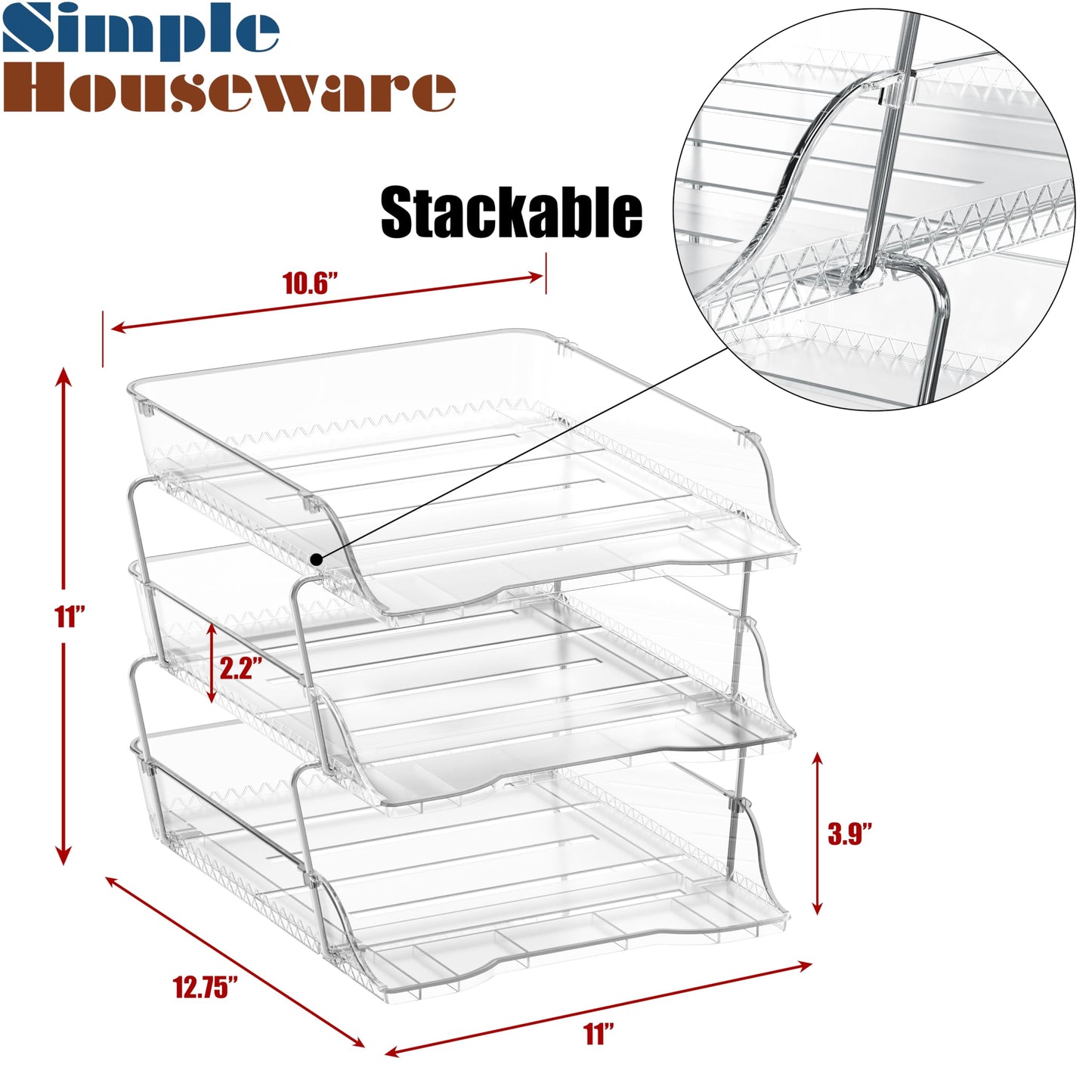 Simple Houseware 3-Tier Stackable Paper Tray for Desk Organizer, Clear