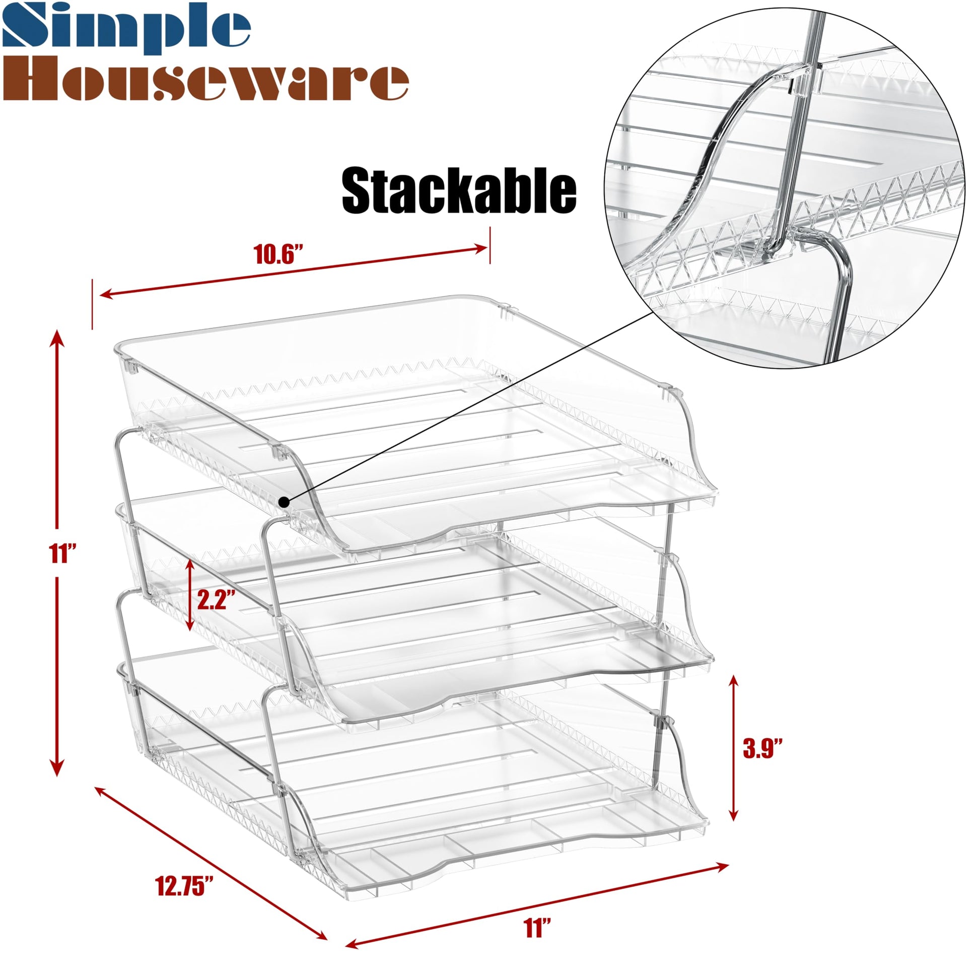 Simple Houseware 3-Tier Stackable Paper Tray for Desk Organizer, Clear