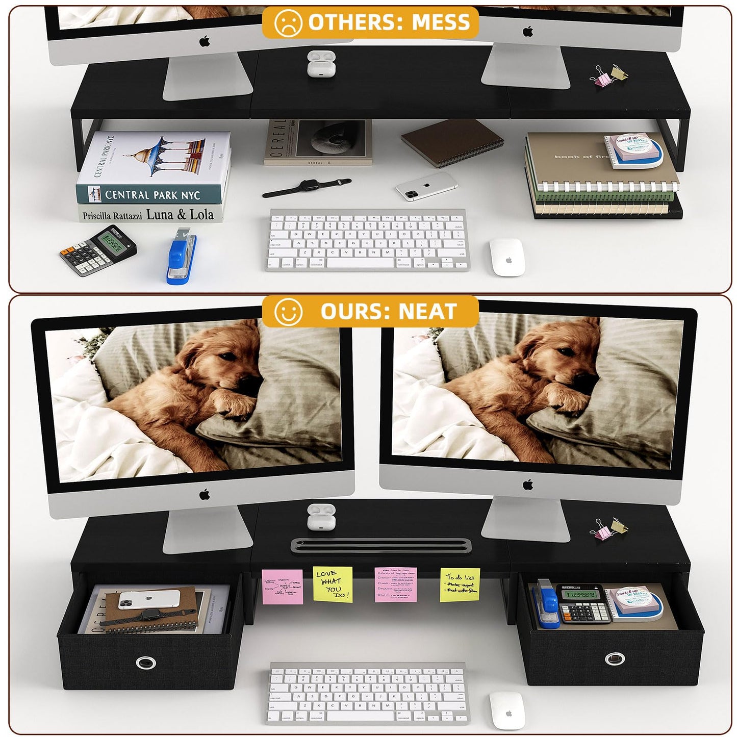 39 Inch Dual Monitor Stand Riser with 2 Drawers - Large Black Wooden Computer Stand for 2 Monitors