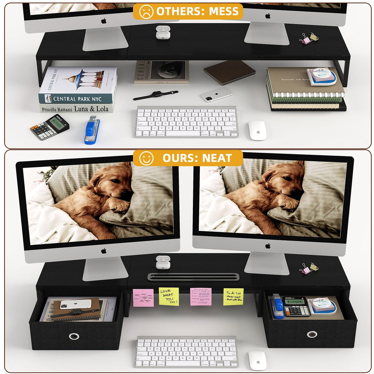 39 Inch Dual Monitor Stand Riser with 2 Drawers - Large Black Wooden Computer Stand for 2 Monitors