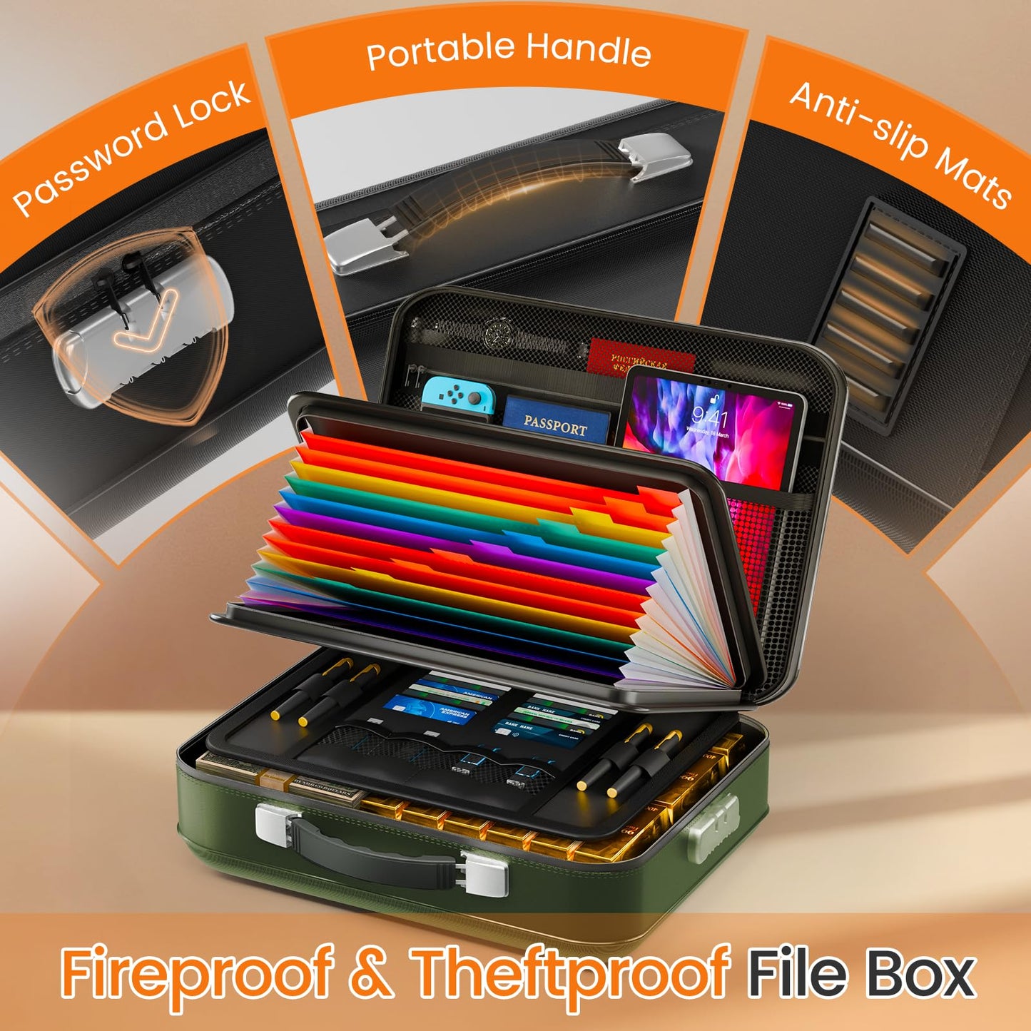 Fireproof Document Box with Lock, 5200°F Fireproof Water Resistant Hard Case File Organizer Safe