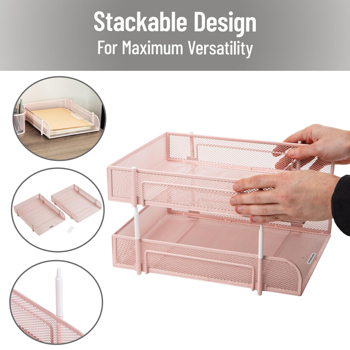 Mind Reader Stackable Paper Tray, Desktop Organizer, File Storage, Office, Metal Mesh, 2 Pcs, Pink