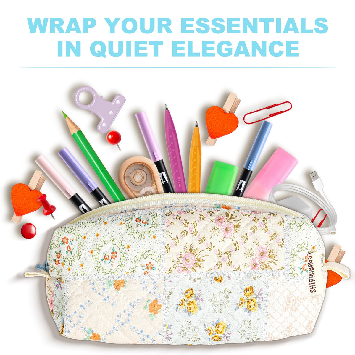 shiprabags Cute Quilted Pencil Case for Women, Aesthetic Small Floral Pencil Pouch, Slim Soft