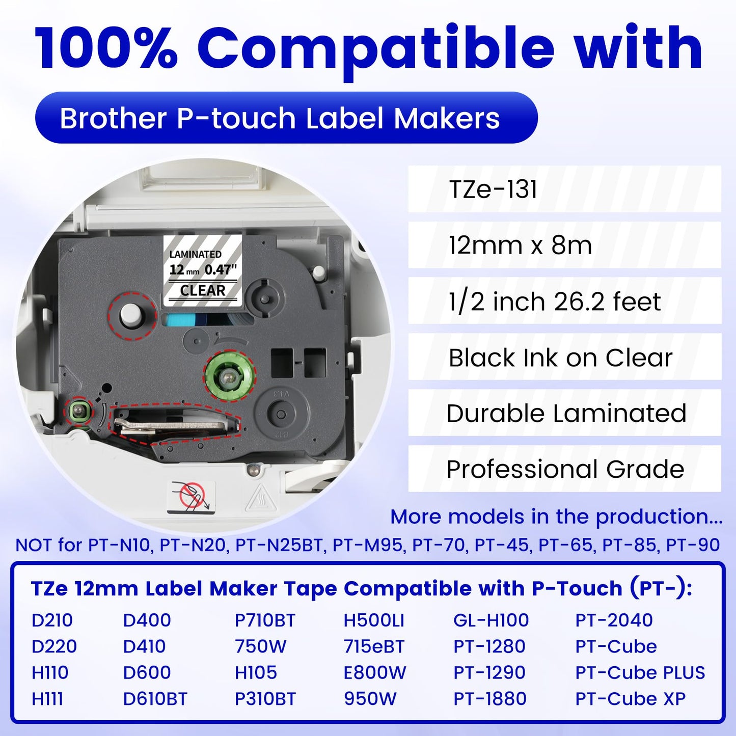 6-PK Replace for Brother Label Maker Tape Clear 12mm x 8m Laminated TZe-131