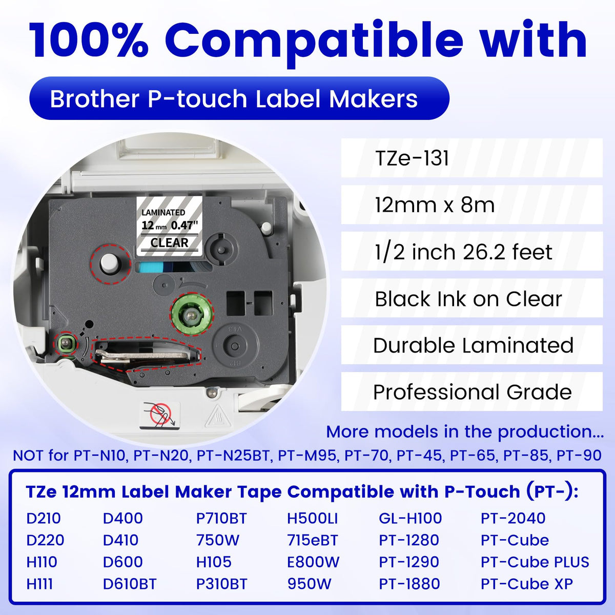6-PK Replace for Brother Label Maker Tape Clear 12mm x 8m Laminated TZe-131