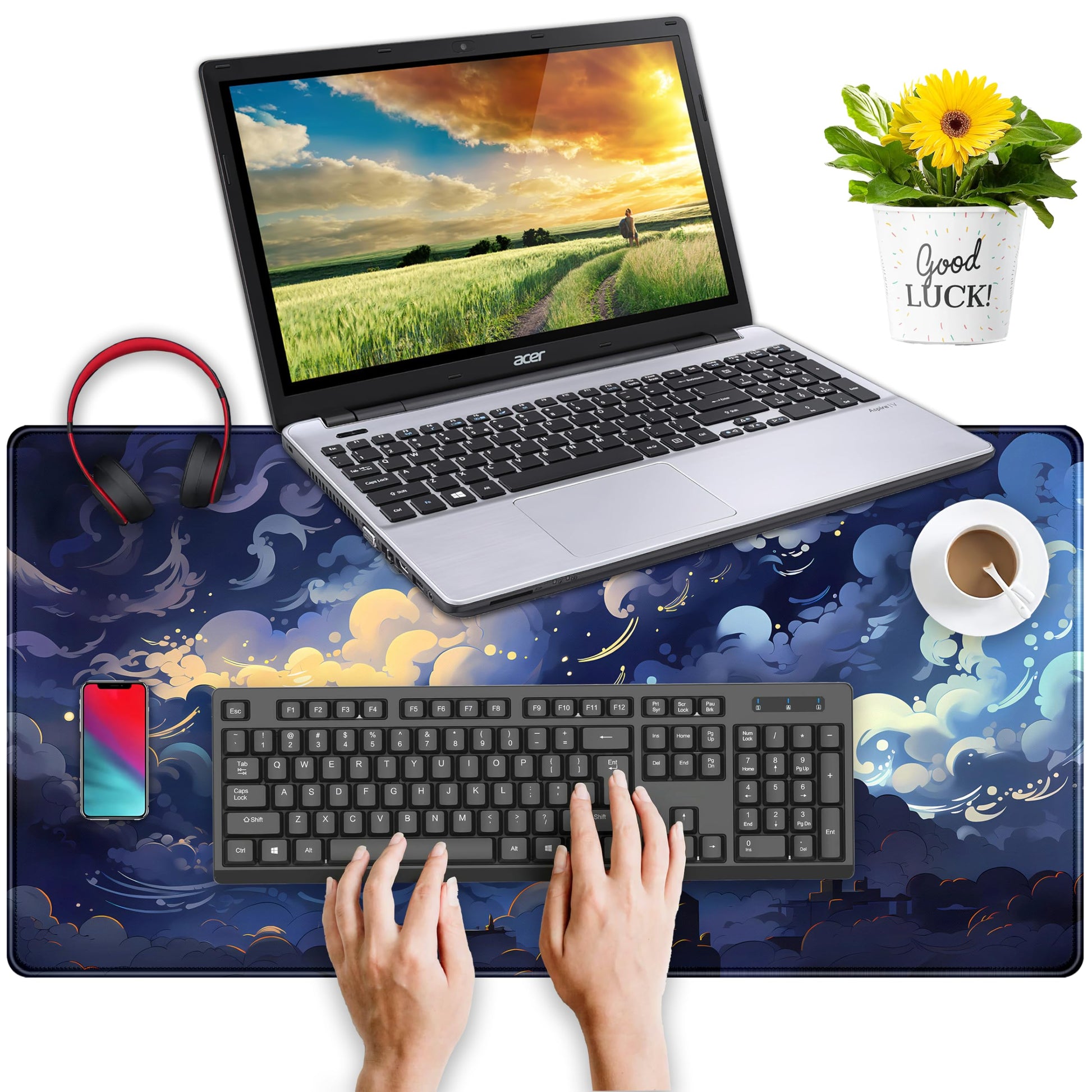 Blue Clouds Desk Mat Large XXL Gaming Mouse Pad Non-Slip Rubber Base Mousepad, Cool Office Desktop