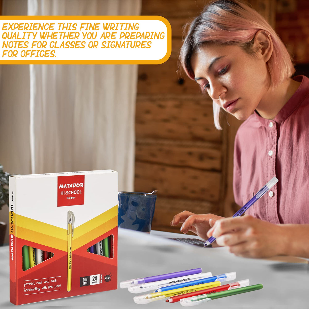 Matador HI-SCHOOL Ballpen, Fine-Point (0.6 mm), Black Ink, 6 different Colorful Bodies, Round