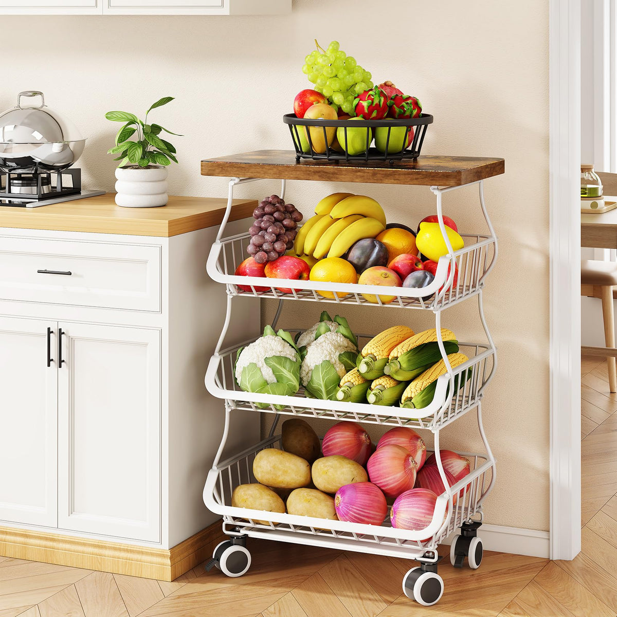 SAYZH 4-Tier Fruit and Vegetable Basket Stand for Kitchen, Wood Top, White