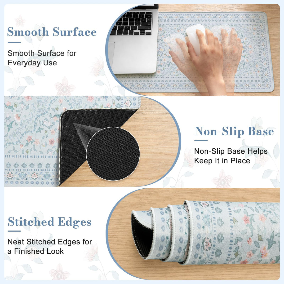 HAOCOO Cute Blue Floral Desk Pad, 31.5" x 11.8" Mouse Pad for Office Setup