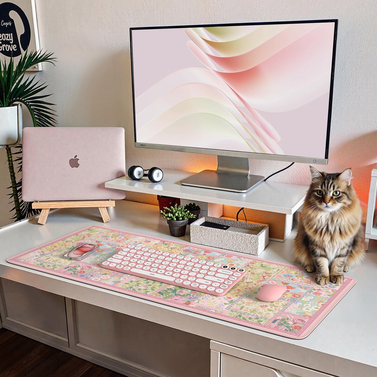 HAOCOO Cute Pink Floral Desk Pad, Large Keyboard Mat with Stitched Edge