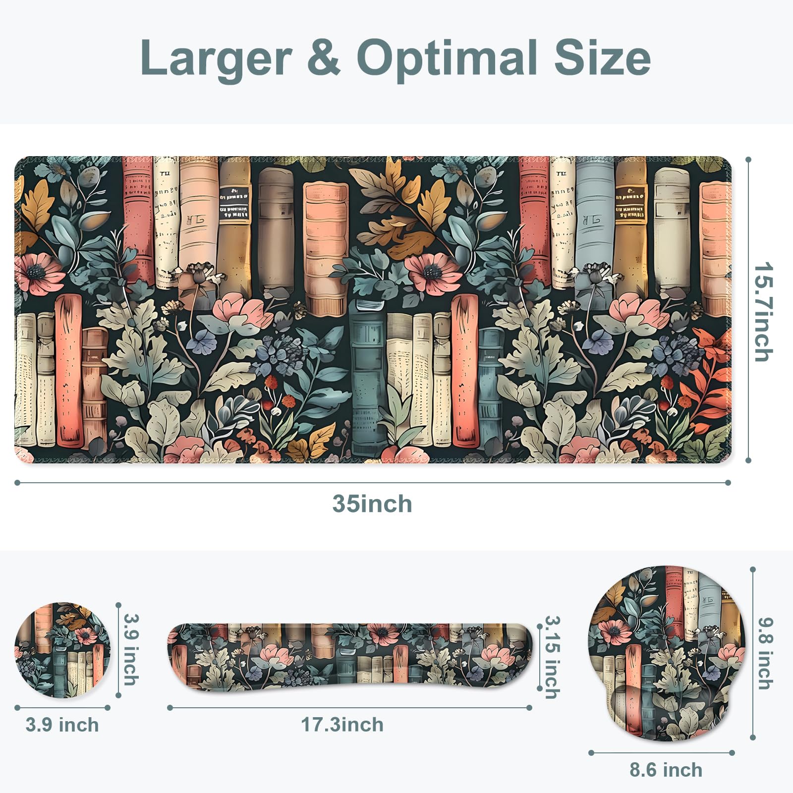 Nature Aesthetic Florals Books Mouse Pad, XXL Large Desk Mat Extended Reading Desk pad, 4PCS