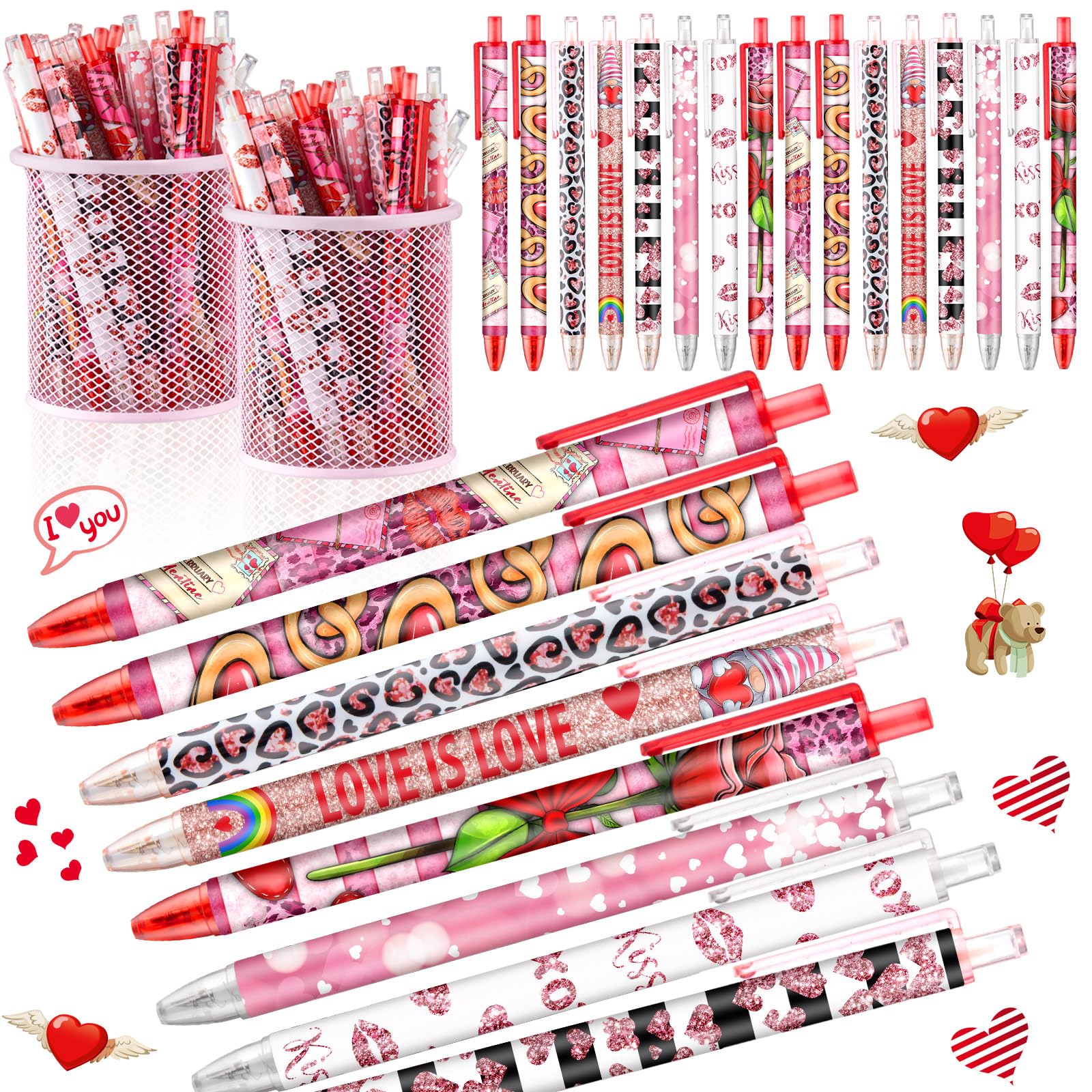 Leinuosen 72 Pcs Valentines Day Pens Bulk Valentine's Day Heart Ballpoint Pens Retractable Black