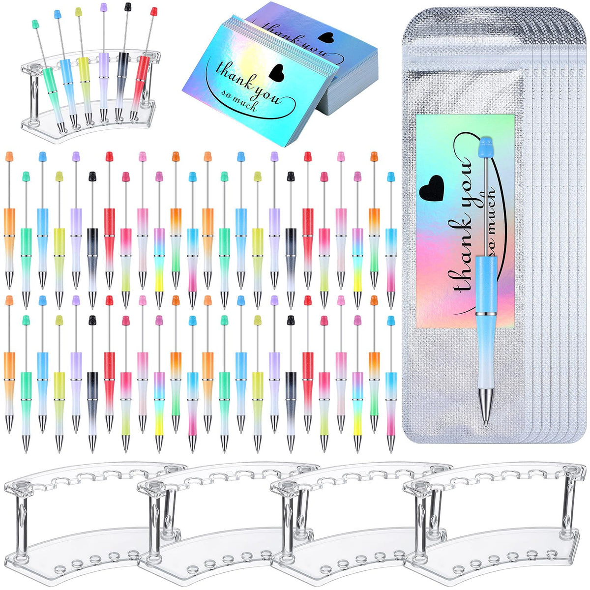 Tenceur 148 Pcs Beadable Pen Set Back to School Gift 48 Plastic Beadable Pen 48 Resealable Pouch
