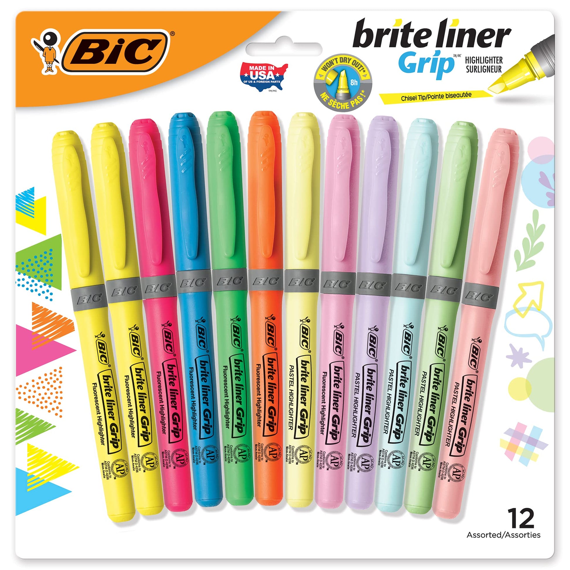 BIC Brite Liner Grip Highlighters; Chisel Tip (1.6mm); Assorted Pastel and Fluorescent; For Broad