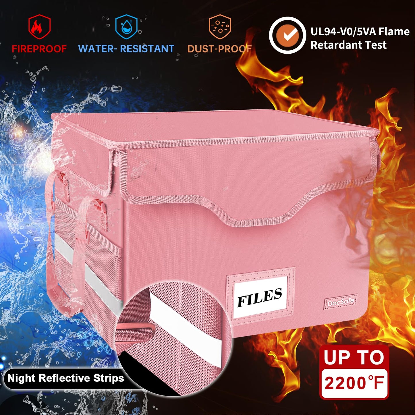 DocSafe Fireproof Document Box with Lock,File Storage Organizer with Zipper Pockets,Collapsible