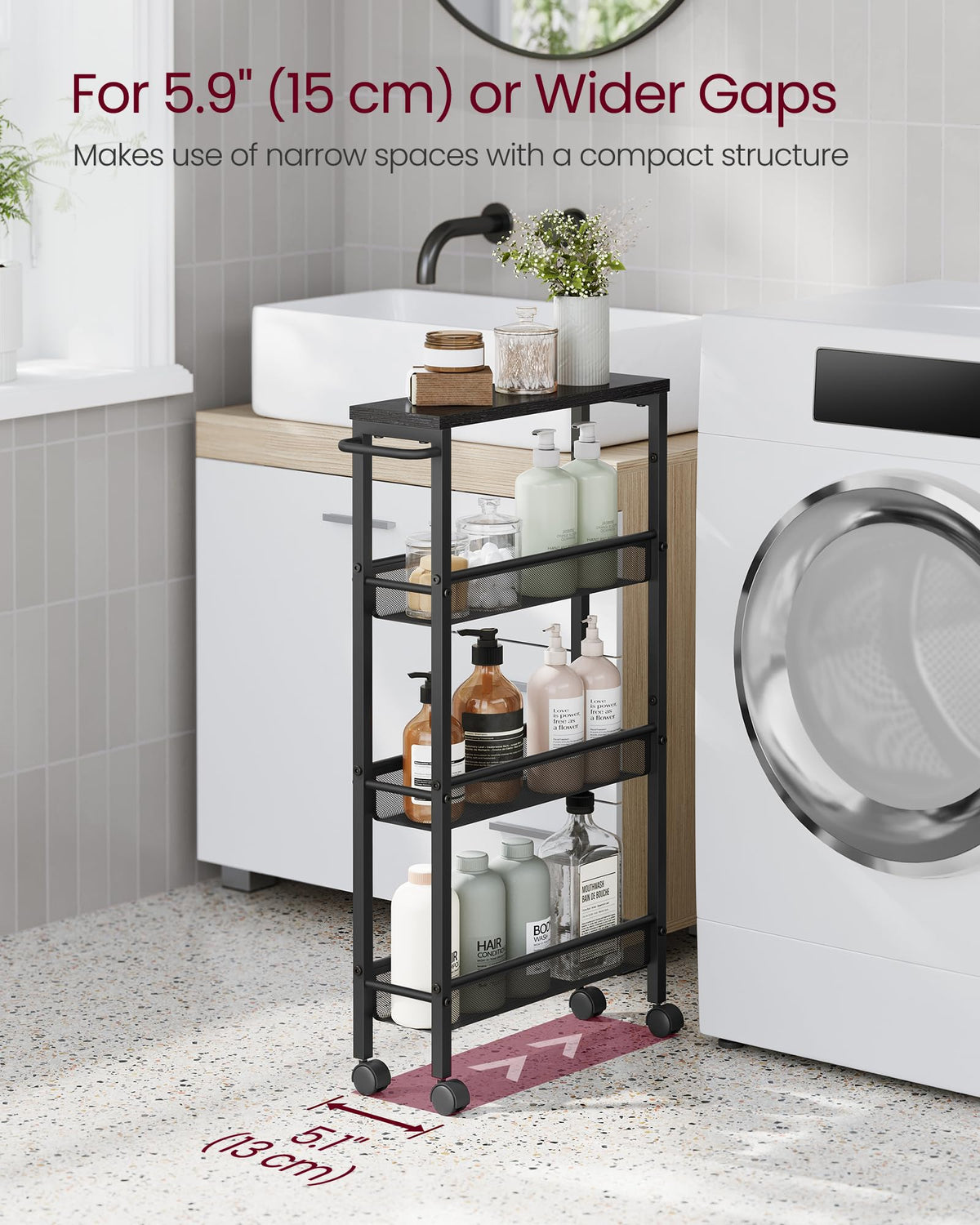 VASAGLE 4-Tier Slim Rolling Storage cart with Wheels, 5.1 Inches, Metal
