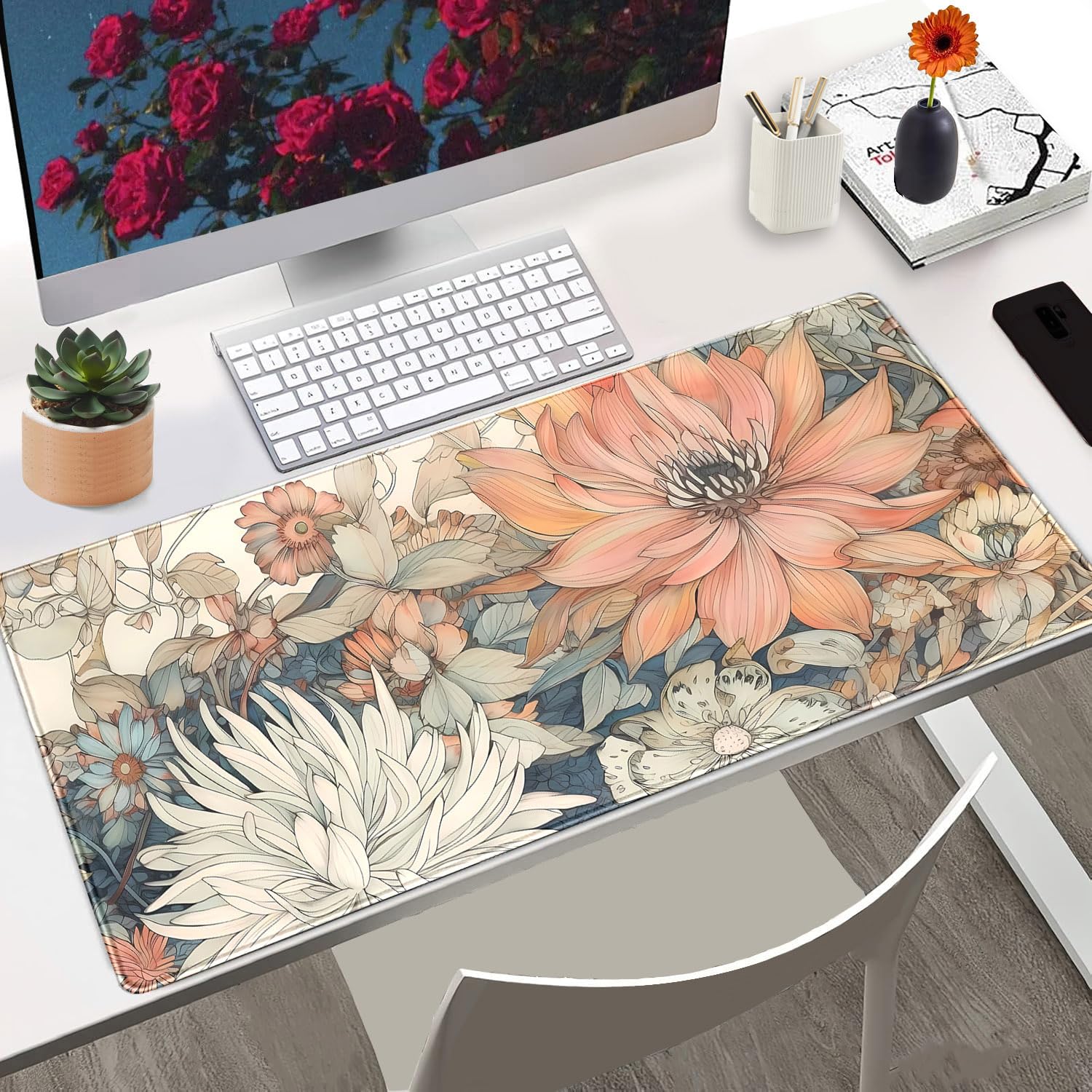 Nasdalgias Japanese Floral Desk Mat Boho Aesthetic Flower Desk Matt for Desktop Large XXL Gaming