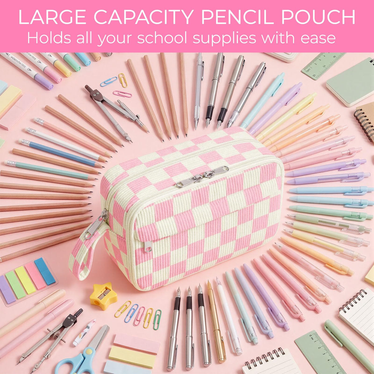 WOBAGMEN Cute Pencil Case,Large Corduroy Zippered Pencil Case Pouch, aesthetic Pencil Bag with