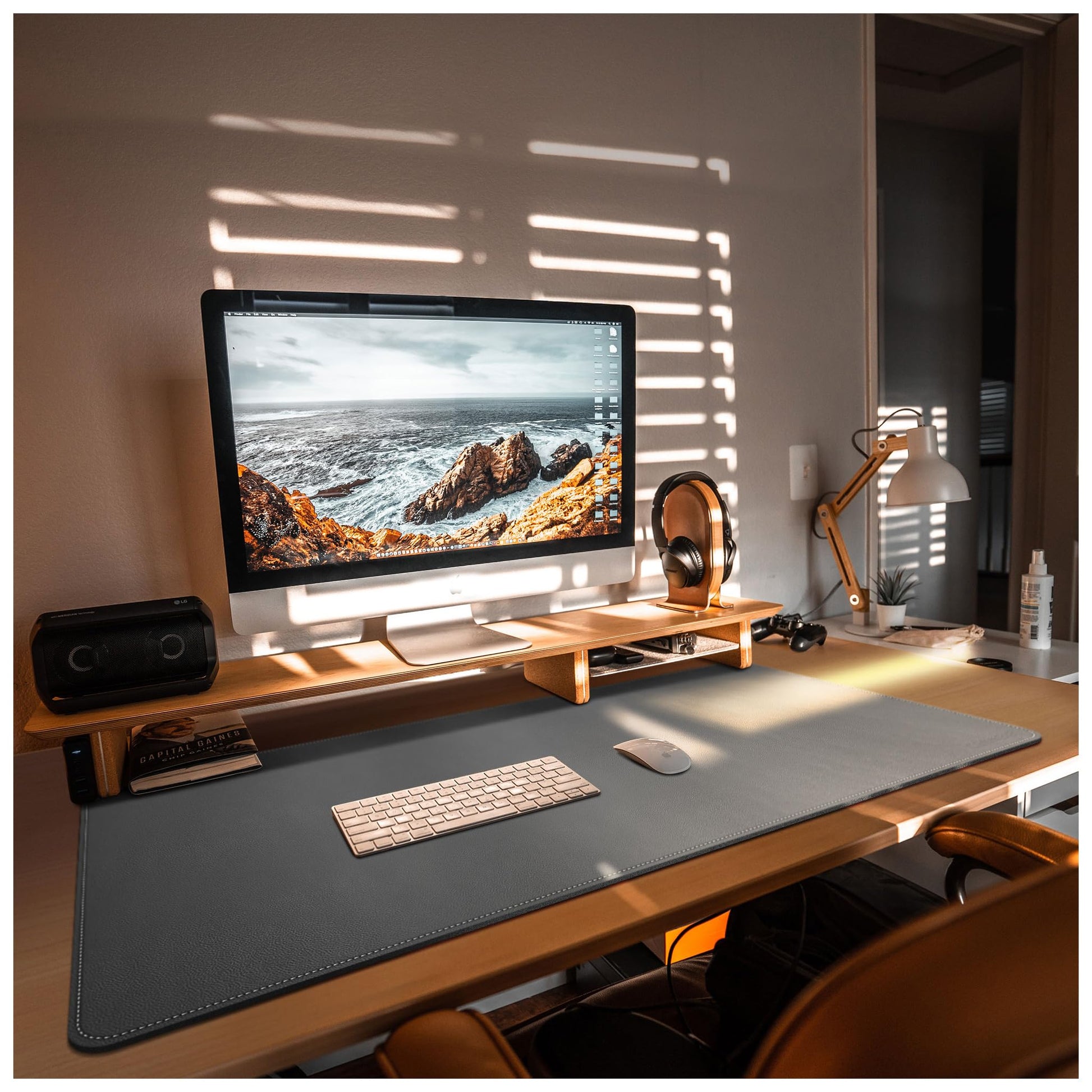CENNBIE Leather Desk Mat,39.3x19.6 Desk Pad Blotter Protector (Grey)